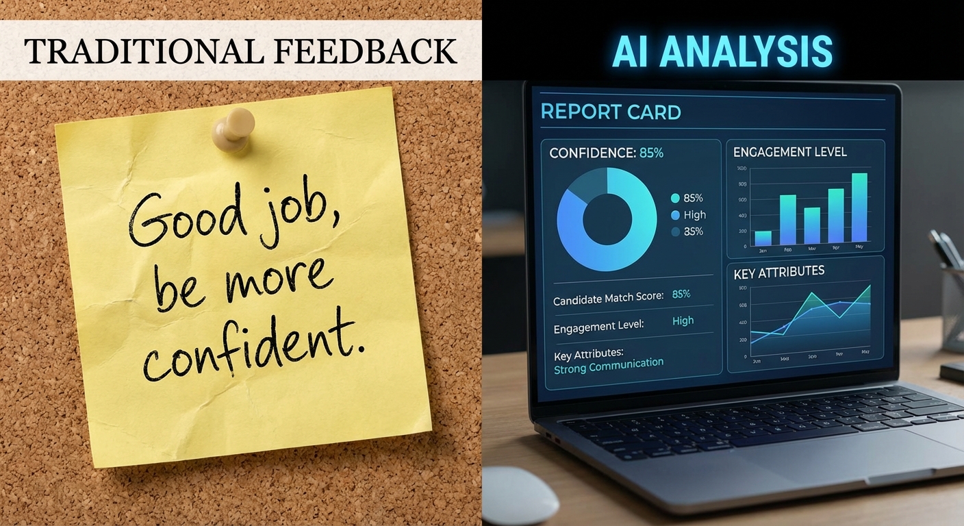Comparison between vague human feedback and detailed data-driven AI interview analysis